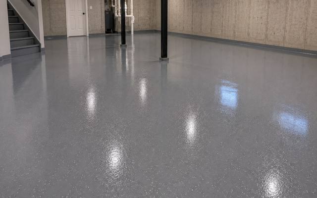 Grey flake epoxy floor in a large basement in Moncton