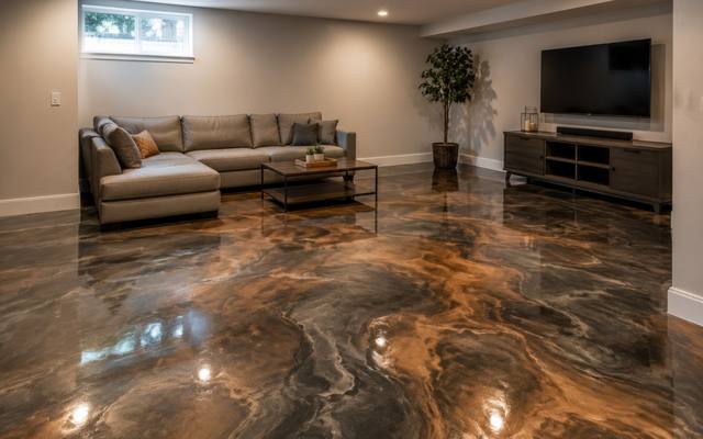 Bronze and copper metallic epoxy floor in a living room in Moncton