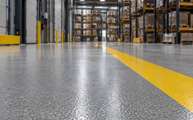 Yellow lane across a textured warehouse floor in Moncton, New Brunswick