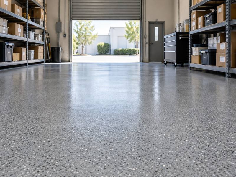Speckled epoxy floor in a small warehouse in Southeast New Brunswick